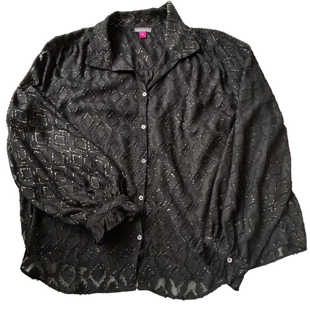 Vince Camuto Blouse XL Black Gold Metallic Clip Dot Diamond Excellent